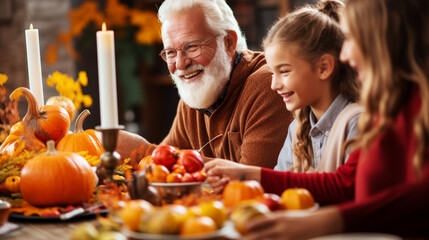 Senior Woman and Man Teaching Thanksgiving Crafts to Grandchildren, happy seniors celebrating Thanksgiving, wide banner with copy space area Generative AI - obrazy, fototapety, plakaty