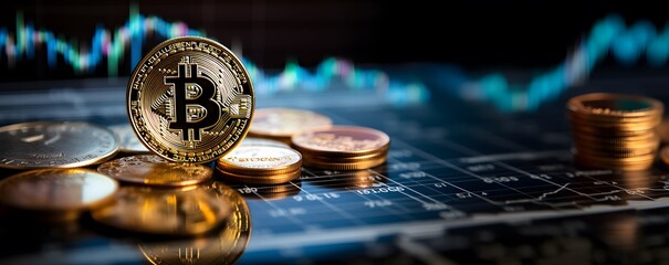 Close-up of Bitcoin coins are neatly stacked on a table, Gold bitcoins with graph chart background
