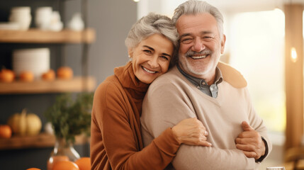 Obraz premium Senior Couple Sharing a Warm Hug and Smiles, Embracing the Spirit of Thanksgiving, happy seniors celebrating Thanksgiving, wide banner with copy space area Generative AI