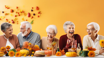 Seniors Engaging in a Thanksgiving Puzzle Challenge, Concentration and Laughter, happy seniors celebrating Thanksgiving, wide banner with copy space area Generative AI