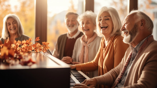 Senior Friends Gathering Around a Piano, Singing Thanksgiving Songs with Heartfelt Joy, happy seniors celebrating Thanksgiving, wide banner with copy space area Generative AI