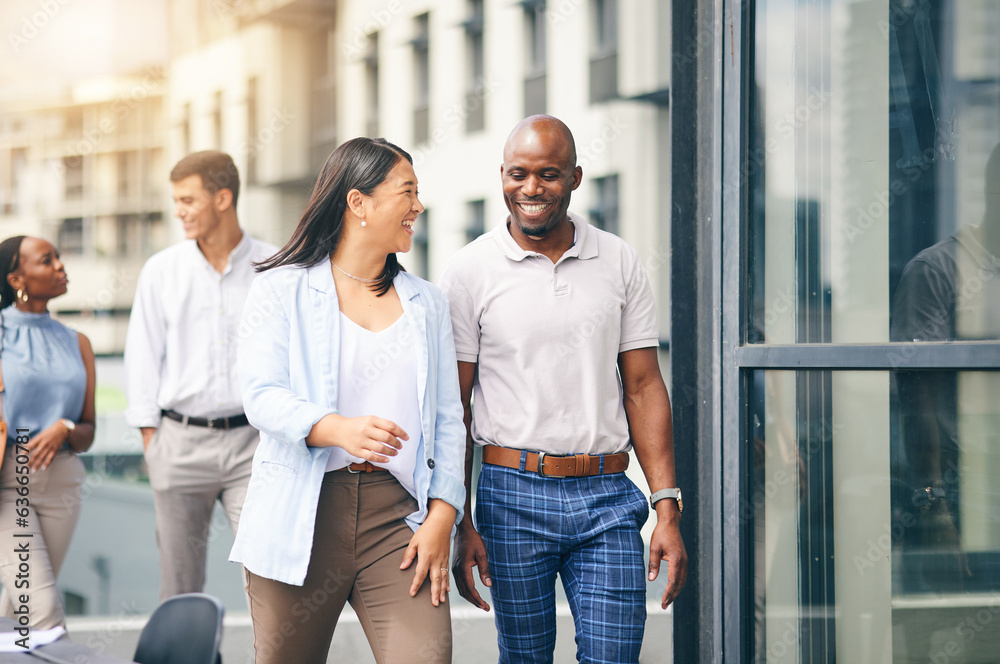 Canvas Prints Happy, employees and walking into work building in Atlanta, city and urban corporate office or commute in the morning. Social, conversation and friends outdoor in communication to relax on break