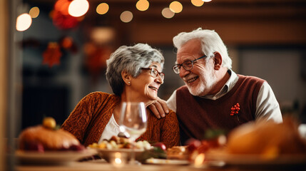 Senior Woman and Man Hosting a Thanksgiving Storytelling Evening, Laughter and Warmth, happy seniors celebrating Thanksgiving, wide banner with copy space area Generative AI