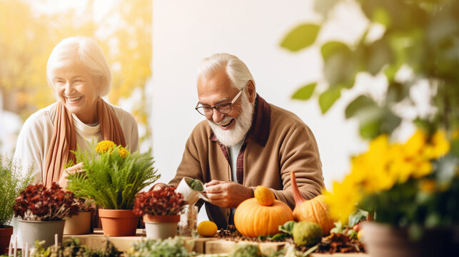 Seniors Engaging in a Thanksgiving Gardening Project, Nurturing Nature and Connection, happy seniors celebrating Thanksgiving, wide banner with copy space area Generative AI