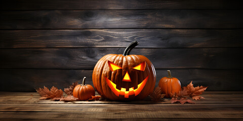 Halloween pumpkin head jack lantern with smoke on dark wooden background, halloween pumpkin on a wooden table, Scary Halloween pumpkin in a dark black background generative AI