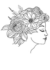 Line Art of a Beautiful Woman with flowers on the head, vector illustration, posters, wall art, book cover, postcards