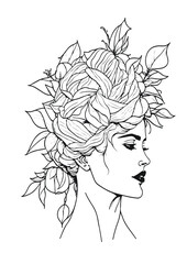 Line Art of a Beautiful Woman with flowers on the head, vector illustration, posters, wall art, book cover, postcards