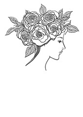 Line Art of a Beautiful Woman with flowers on the head, vector illustration, posters, wall art, book cover, postcards