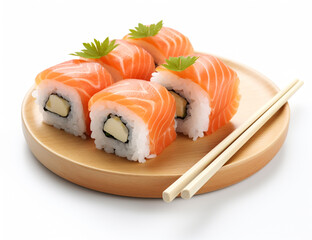 Five Philadelphia rolls on a plate with chopsticks on a white background. AI Generation