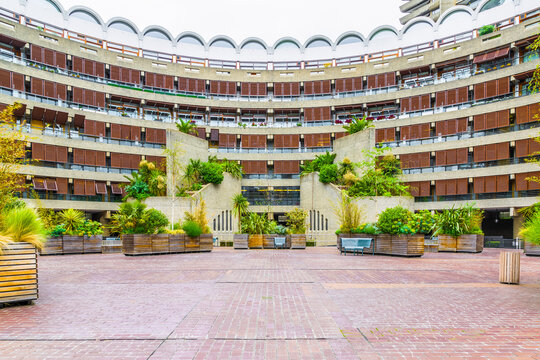 Exterior of Frobisher Crescent in the Barbican Estate in London, England
