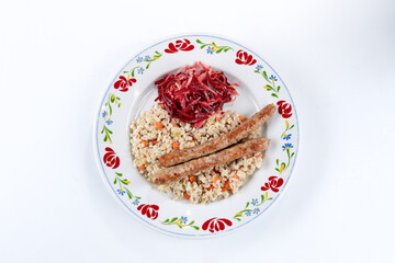 barley with sausages and salad