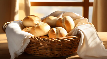 white bread rolls in basket with fabric next to window in the morning