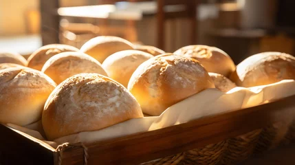 Tuinposter white bread rolls in basket with towel next to window in bakery  © Ricky