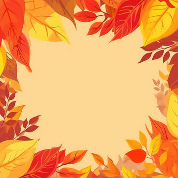 Autumn background wiht yellow and red leaves. Template for a postcard, poster, greeting card. The Day of knowledge. Thanksgiving invitation. Text space. Flat cartoon style.