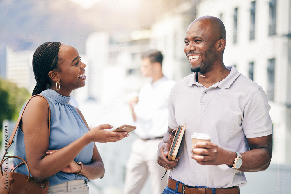 Canvas Prints African, business people and happy friends on coffee break city, town or commute to urban office in the morning with employees. Social, networking and woman outdoor in conversation with entrepreneur