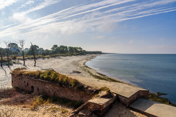 Sandy beach on coastline of Baltic Sea on Vistula Spit. View from Ruins of Western Fort. Baltiysk. Russia