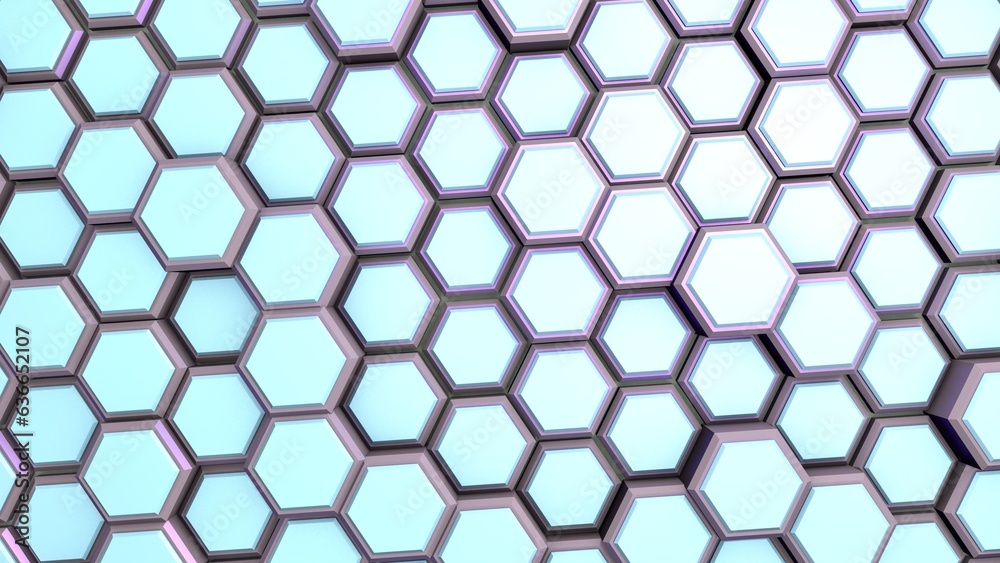 Poster background or screensaver of metallic hexagons. rendering an image.