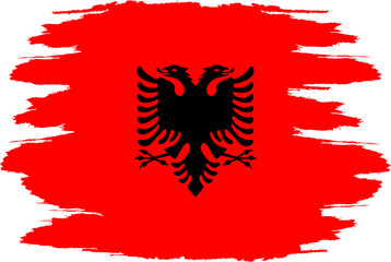 Distressed flag Albania. Albania flag with grunge texture. Independence Day. Banner, poster template. State flag Albania with coat arms. Drawn brush flag Republic Albania.