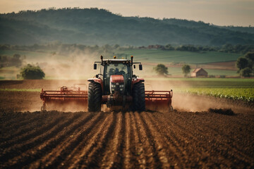 Obraz premium tractor preparing land with seedbed cultivator as part of pre seeding activities in early spring season of agricultural works at farmlands.