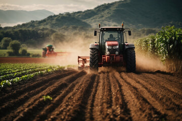tractor preparing land with seedbed cultivator as part of pre seeding activities in early spring season of agricultural works at farmlands.
