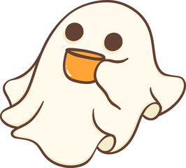 Cute Halloween ghost with coffee, retro spooky boo cartoon doodle illustration