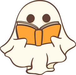 Cute Halloween ghost with book, retro spooky boo cartoon doodle illustration