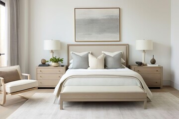 Modern bed room with beautiful painting. Generative AI