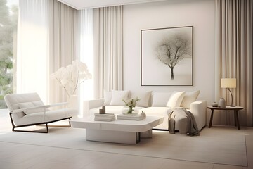 Modern living room with beautiful curtains and painting. Generative AI
