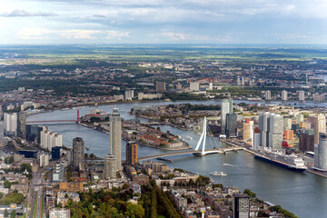 Fototapeta na wymiar Aerial view of the Erasmus Bridge with surroundings in Rotterdam