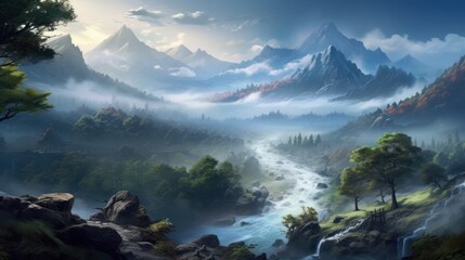 Obraz premium Beautiful Japanese mountainous terrain with fog in the background game art