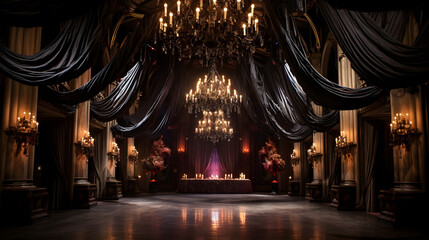 Step into a world of haunted elegance with this awe-inspiring image. A grand ballroom adorned with Gothic décor hosts a masquerade ball, where guests don elaborate costumes that pay homage to classic - obrazy, fototapety, plakaty