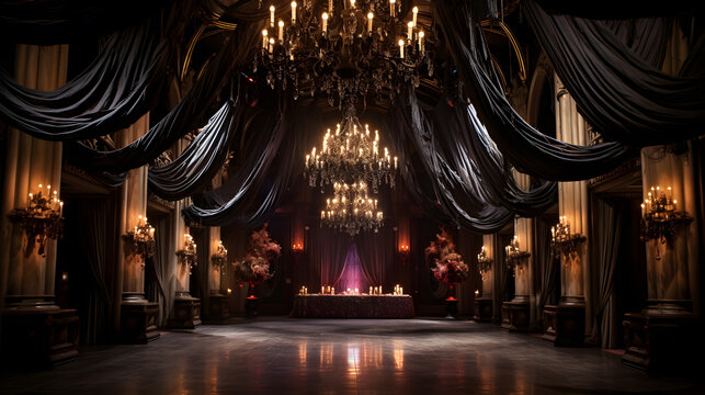 Step into a world of haunted elegance with this awe-inspiring image. A grand ballroom adorned with Gothic décor hosts a masquerade ball, where guests don elaborate costumes that pay homage to classic
