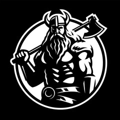 Viking warrior with an axe on a dark background. Vector illustration.