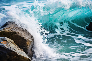 Turquoise rolling wave slaming on the rocks of the coastline
