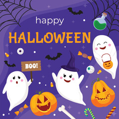 Vector happy Halloween banner template. Holidays square background. Cartoon orange pumpkin, witch hat, bats, ghosts, candy, scull on violet. Backdrop, flyer, poster for event