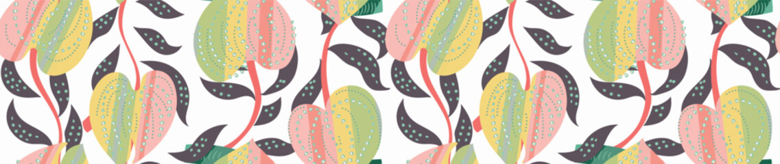 Hand drawn abstract botanical pattern. Creative collage contemporary seamless pattern with curly branches with leaves in trendy pastel colors (the effect of holographic) on a white background. Vector - 636654543