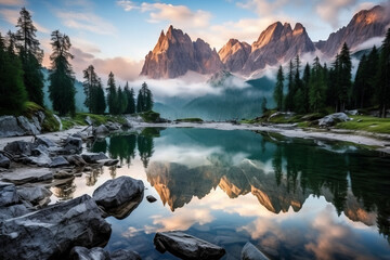 Spectacular sunrise and wonderful alpine Antorno lake with high Sorapis mountains group in background, Dolomites, Italy