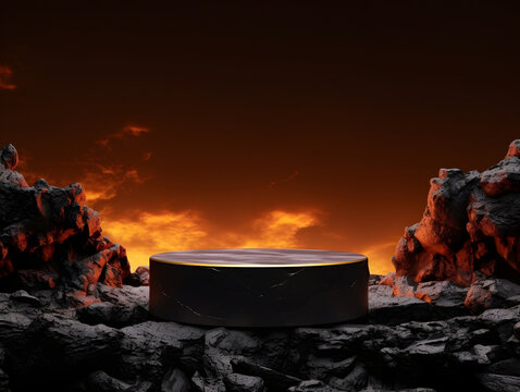Dark Hot Podium stage for products or cosmetics against dark volcanic rocky mountain valley background. hot volcanic flame themed background for product advertisement.
