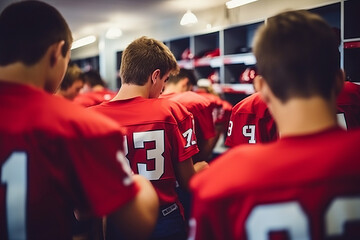 Teenage boy high school football team getting ready for a game, putting on their uniforms and gear in the locker room