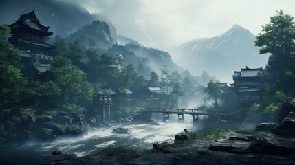 Beautiful Japanese mountainous terrain with fog in the background game art