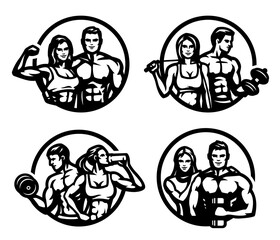 Man and woman, fitness logo on a black background.