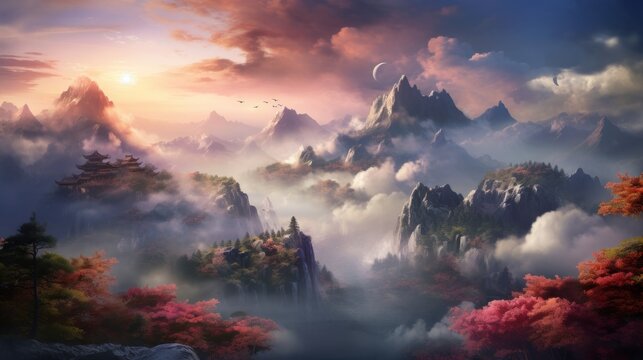 Beautiful Japanese mountainous terrain with fog in the background game art