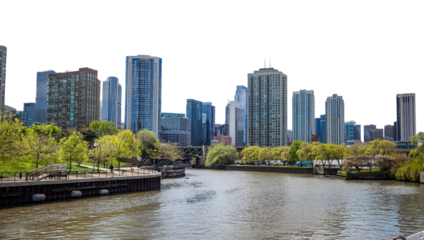 Chicago skyline isolated at white transparent background, PNG. United States	