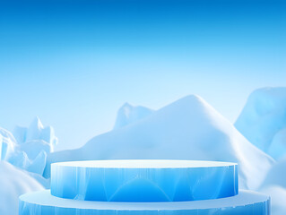 Ice Podium stage for products or cosmetics against bright blue background and icebergs and water background. Cold themed background for product advertisement.