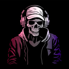 Skeleton in headphones and jacket on a dark background. Vector illustration.