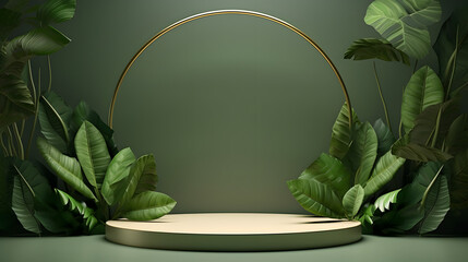 Light Golden Podium stage for products or cosmetics against dark green wall background and Green leaves  with a Gold ring. 