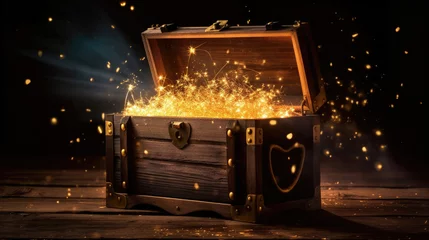 Fotobehang Glowing golden sparkles and stars rising from an old, opened wooden treasure chest. Darkly lit on a planked surface with black chalkboard background. Generative Ai © tong2530