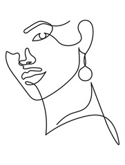 Beautiful Woman's Face with Earring in Minimal One Line Art Drawing