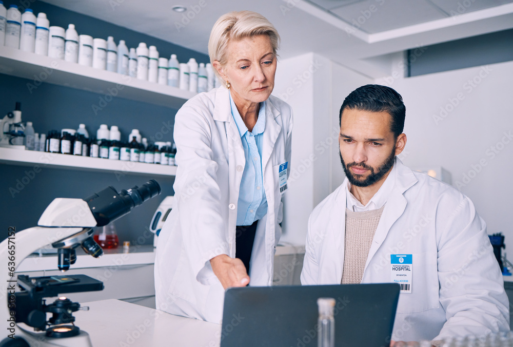 Poster Scientist, mentor and training on computer for research, data analysis and laboratory report in pharmaceutical solution. Science or medical woman and man with teamwork and medicine support on laptop