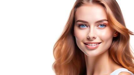 Fototapeta premium Beautiful young woman with blue eyes and clear fresh skin on a white background.Beauty portrait of attractive tender girl for advertising of cosmetics ,spa skin care with space for text.Generative AI 
